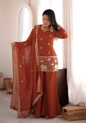 Rust Embroidery Work Silk Kurta Set