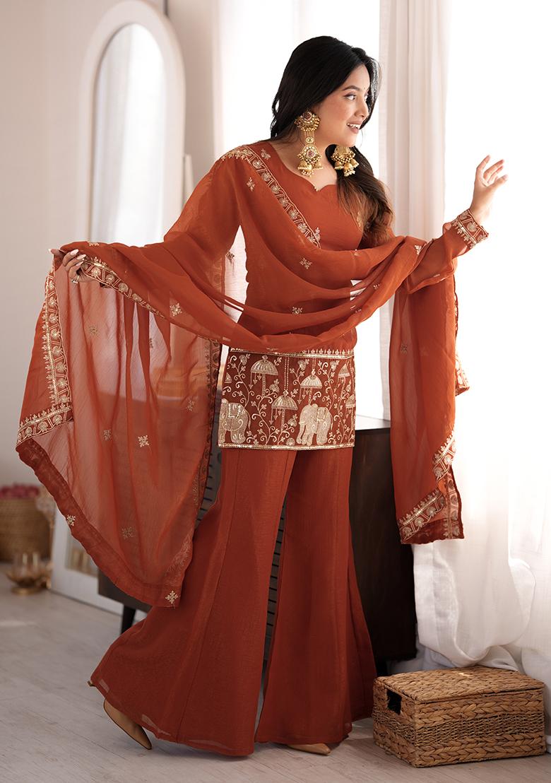 Rust Embroidery Work Silk Kurta Set - Indya