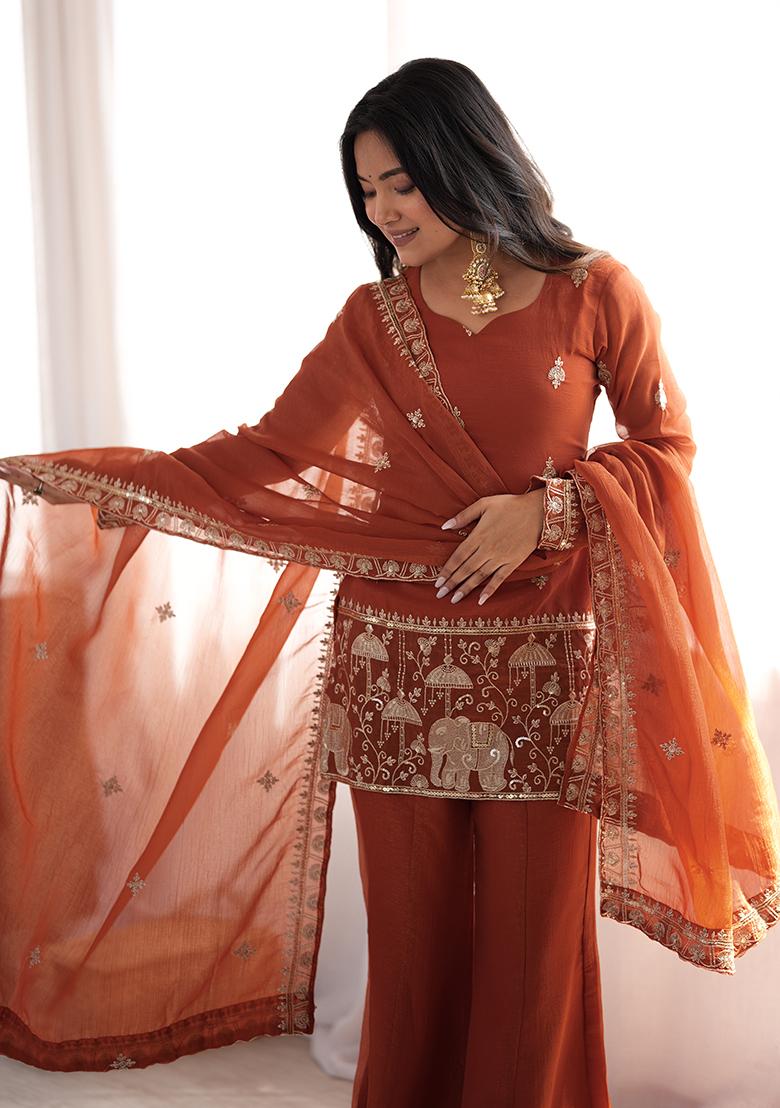 Rust Embroidery Work Silk Kurta Set - Indya