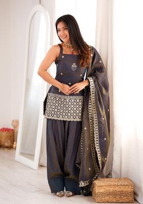 Grey Embroidery Work Silk Kurta Set