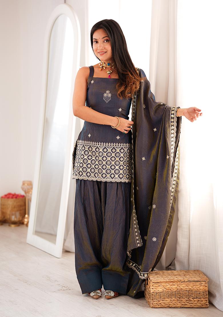 Grey Embroidery Work Silk Kurta Set - Indya