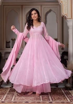 Baby Pink Handcrafted Detailing Georgette Anarkali Set