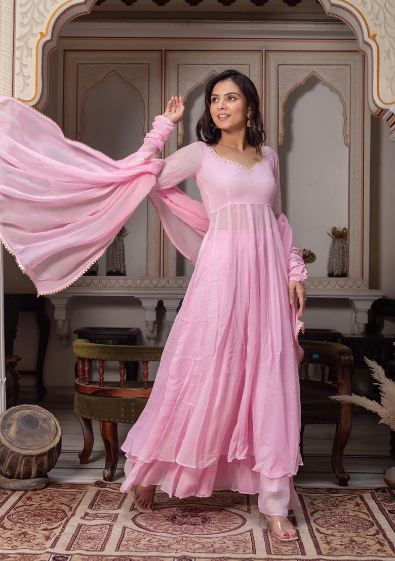 Baby Pink Handcrafted Detailing Georgette Anarkali Set - Indya