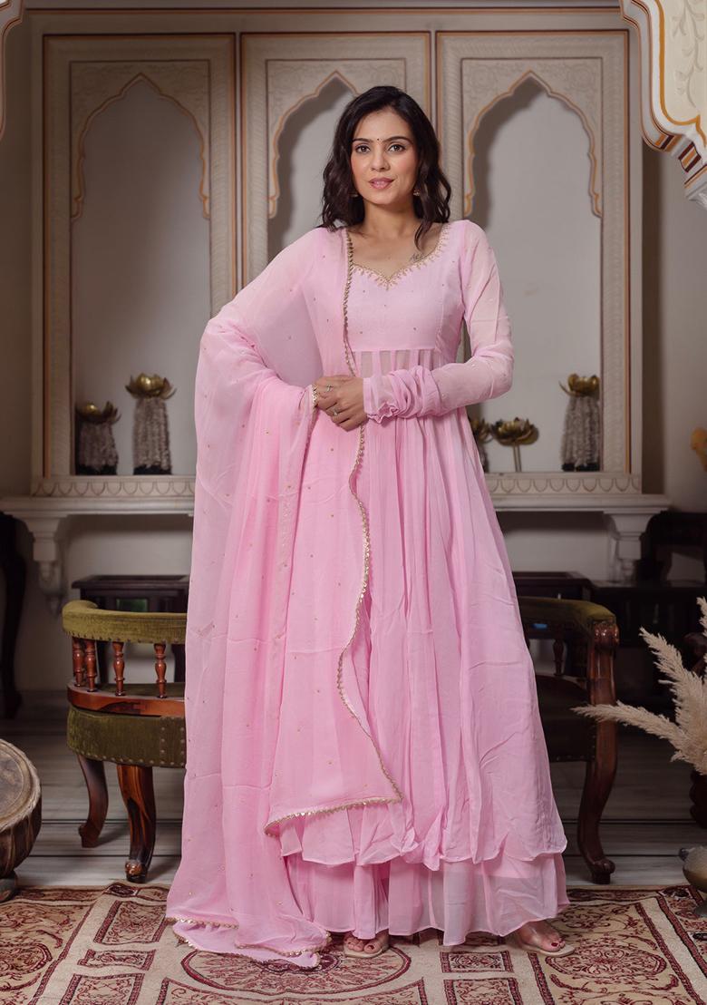Baby Pink Handcrafted Detailing Georgette Anarkali Set - Indya