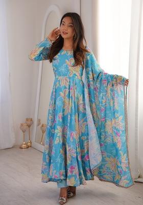 Sky Blue printed Silk Anarkali Set