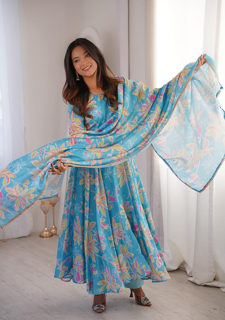 Sky Blue printed Silk Anarkali Set - Indya
