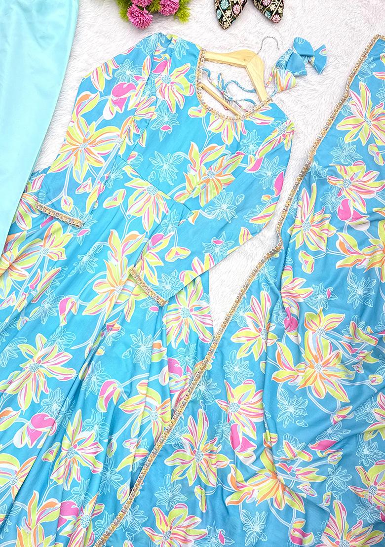 Sky Blue printed Silk Anarkali Set - Indya