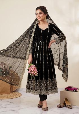 Black embroidered Silk Anarkali Set
