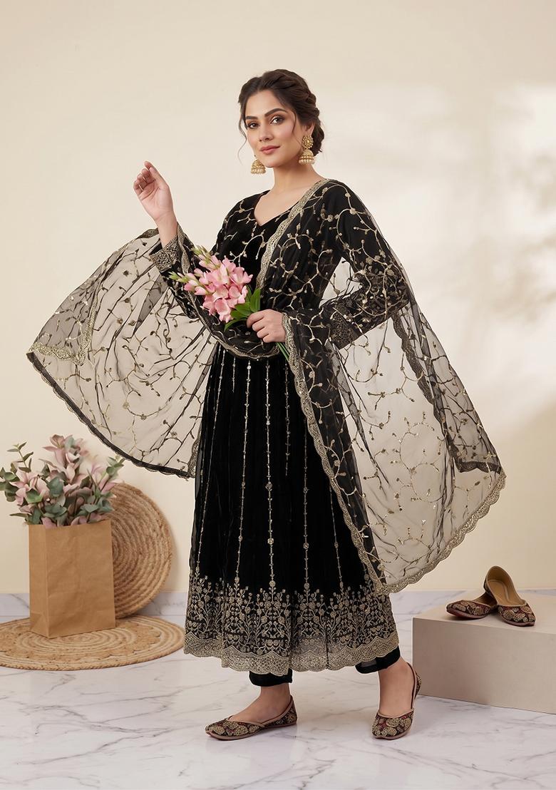 Black embroidered Silk Anarkali Set - Indya