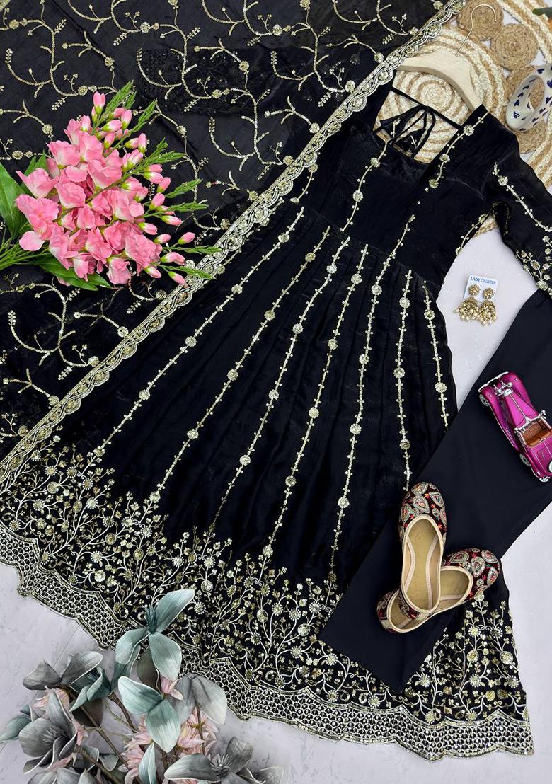Black embroidered Silk Anarkali Set - Indya