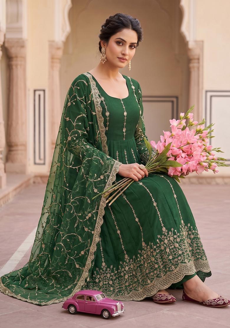 Green embroidered Silk Anarkali Set - Indya