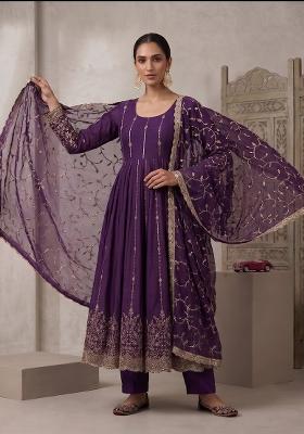 Dark Purple embroidered Silk Anarkali Set