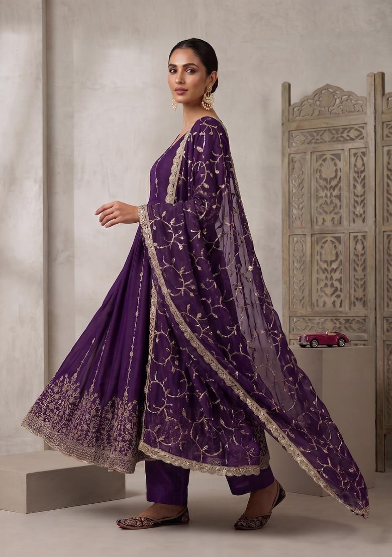 Dark Purple embroidered Silk Anarkali Set - Indya