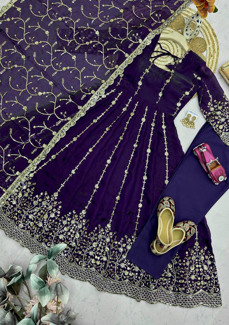 Dark Purple embroidered Silk Anarkali Set - Indya