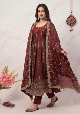 Maroon embroidered Silk Anarkali Set
