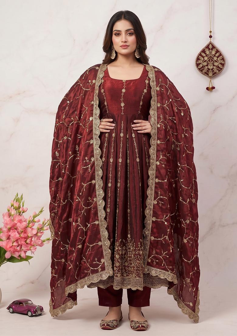 Maroon embroidered Silk Anarkali Set - Indya