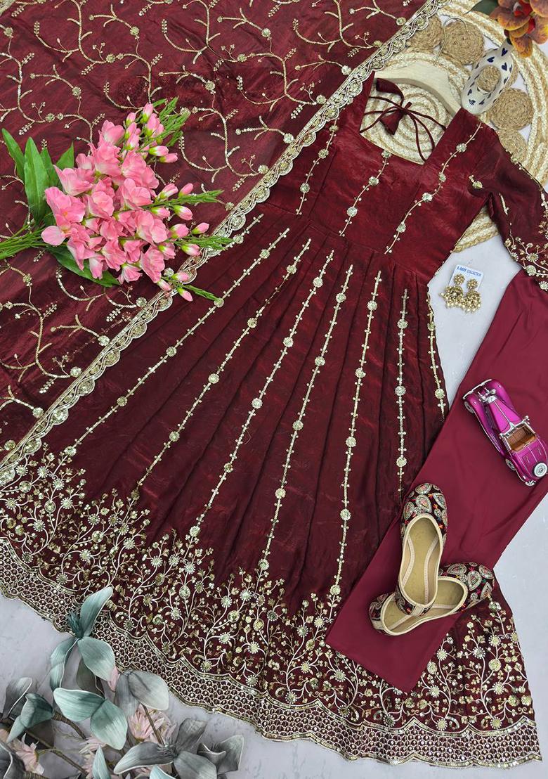 Maroon embroidered Silk Anarkali Set - Indya