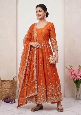 Orange embroidered Silk Anarkali Set