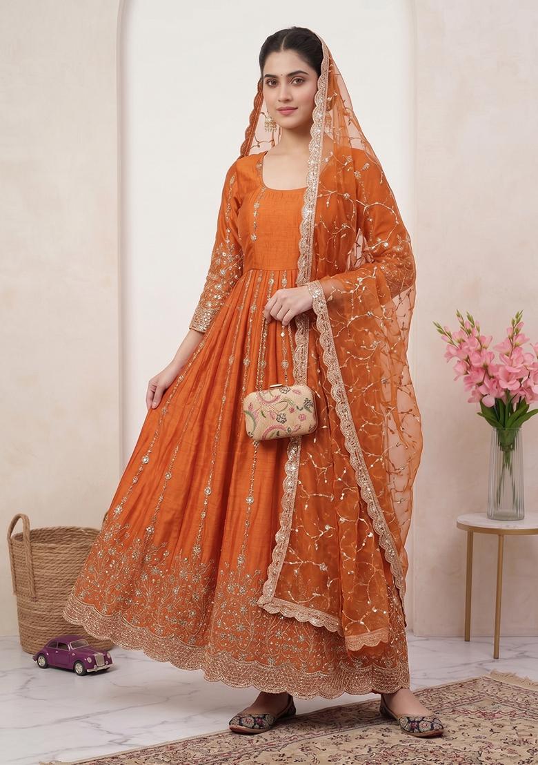 Orange embroidered Silk Anarkali Set - Indya