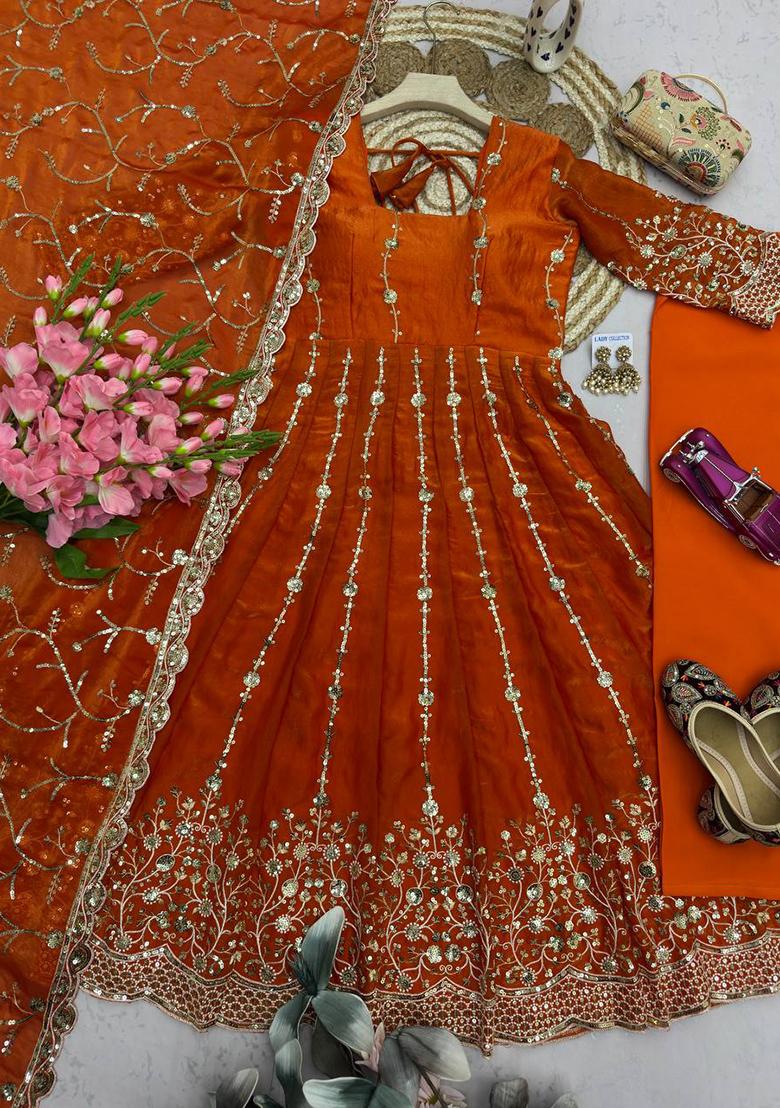 Orange embroidered Silk Anarkali Set - Indya