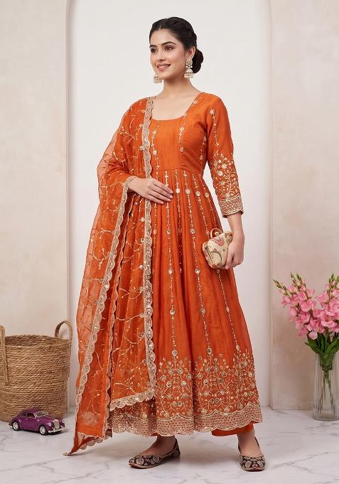 Orange embroidered Silk Anarkali Set