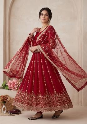 Red embroidered Silk Anarkali Set