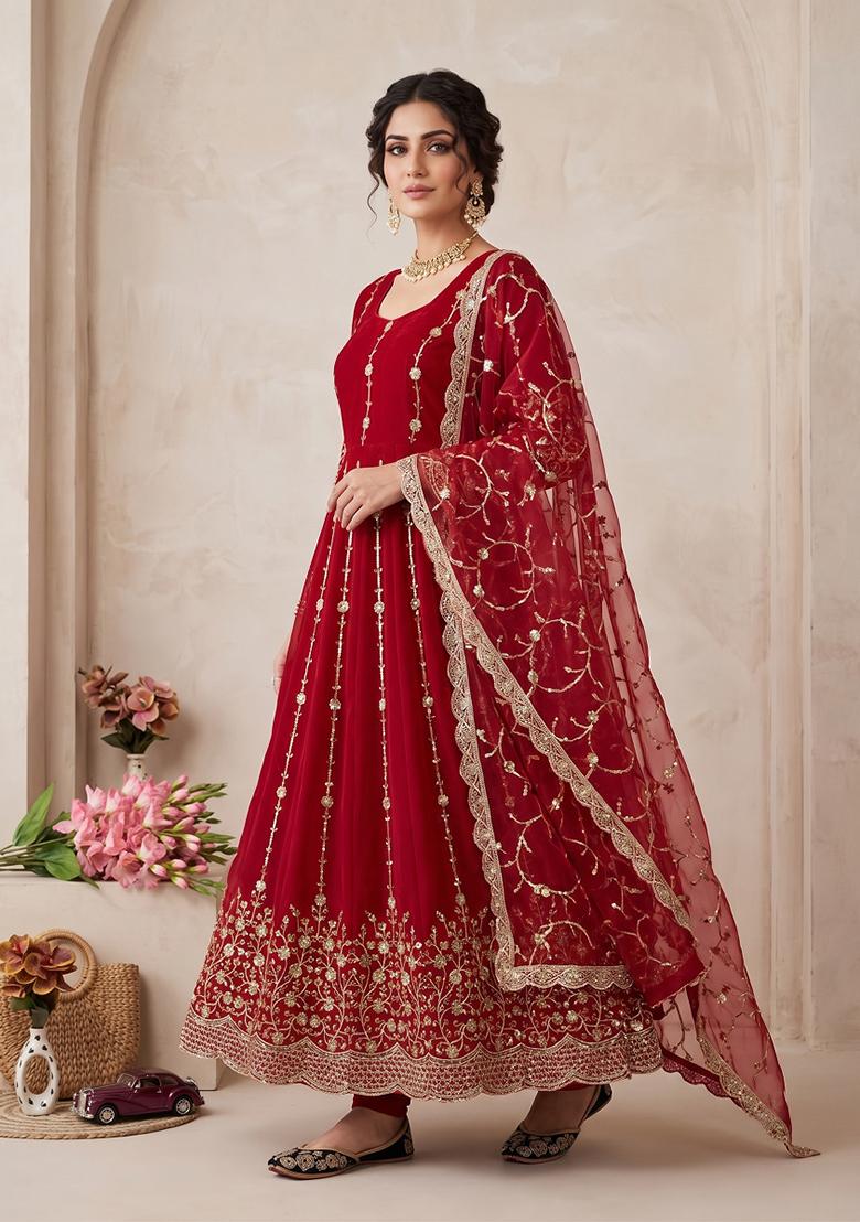 Red embroidered Silk Anarkali Set - Indya