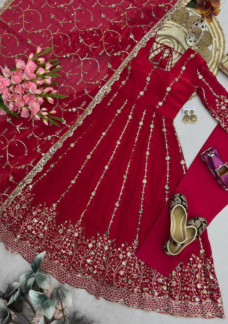 Red embroidered Silk Anarkali Set - Indya