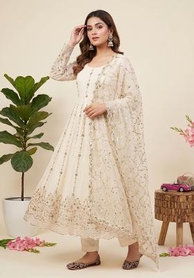 White embroidered Silk Anarkali Set