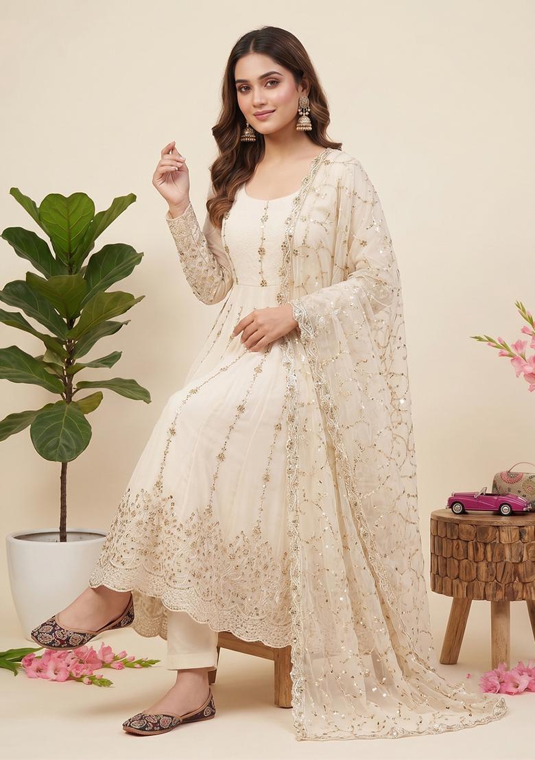 White embroidered Silk Anarkali Set - Indya