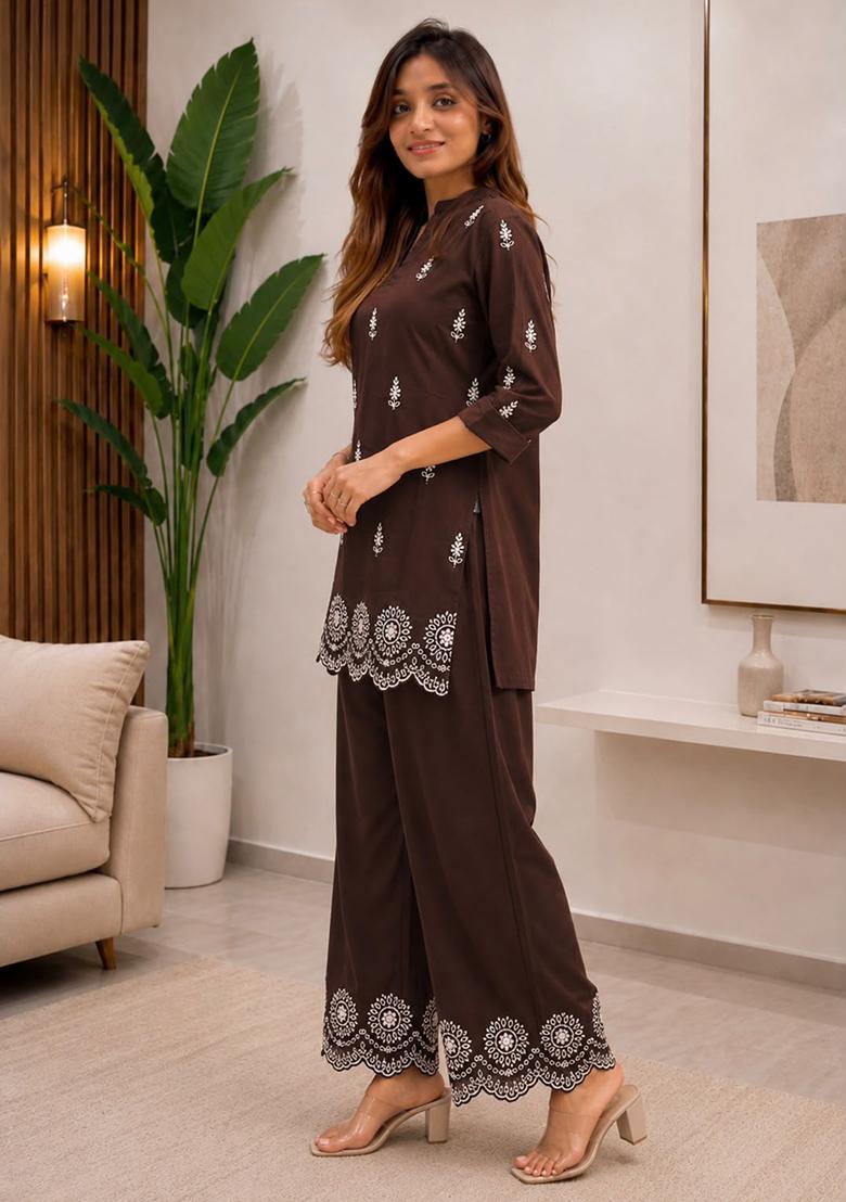 Brown embroidered Silk Kurta Set - Indya