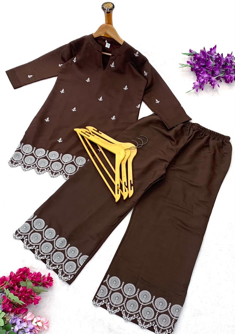 Brown embroidered Silk Kurta Set - Indya