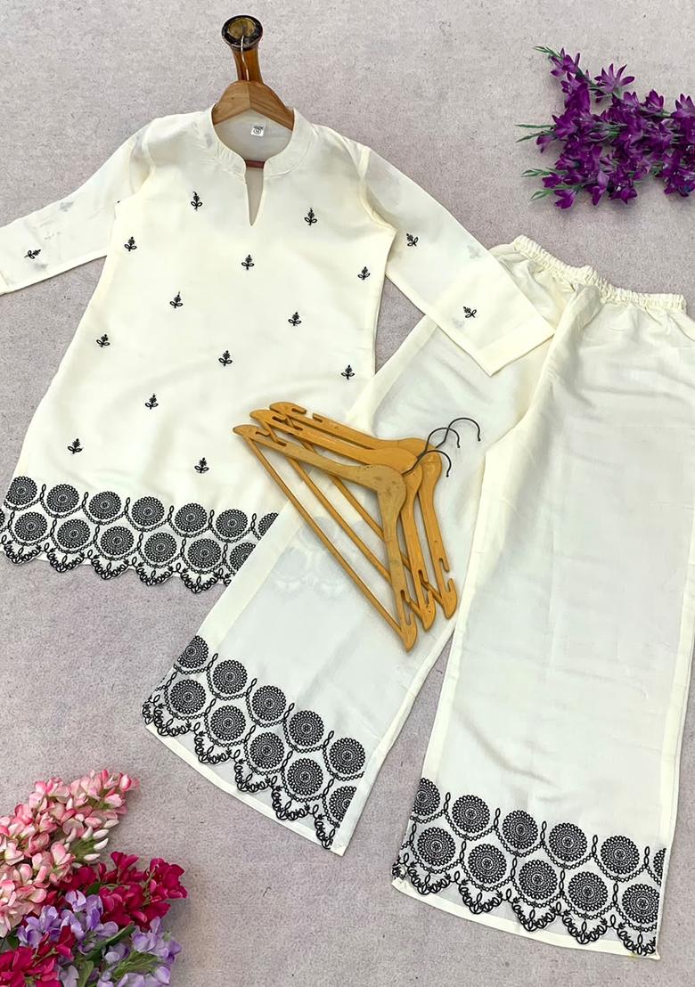 White embroidered Silk Kurta Set - Indya