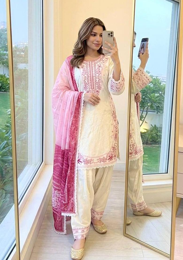 Cream embroidered Rayon Kurta Set - Indya