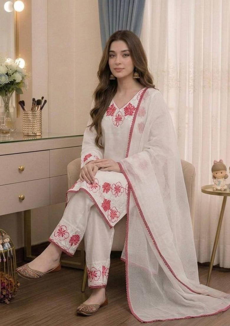 White embroidered Rayon Kurta Set - Indya