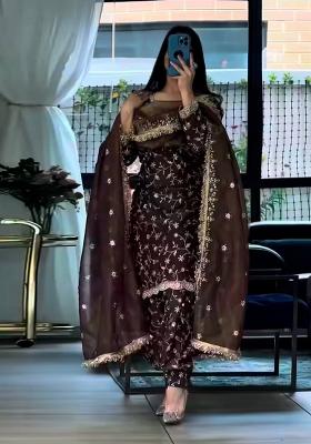 Brown embroidered Silk Kurta Set