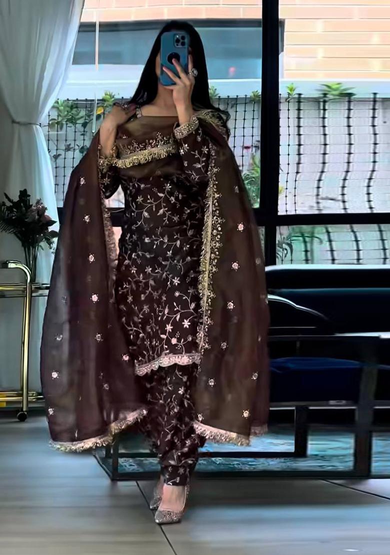 Brown embroidered Silk Kurta Set - Indya