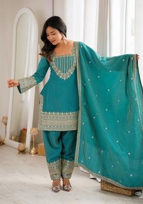 Teal Green embroidered Silk Kurta Set