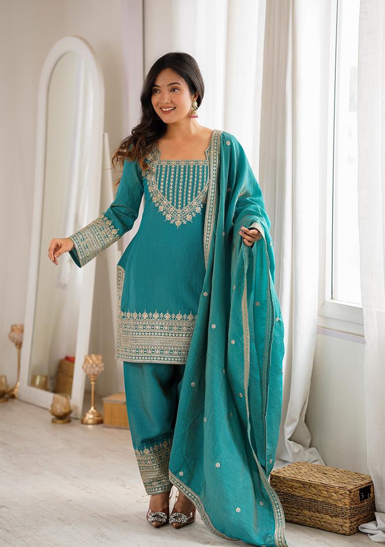 Teal Green embroidered Silk Kurta Set - Indya