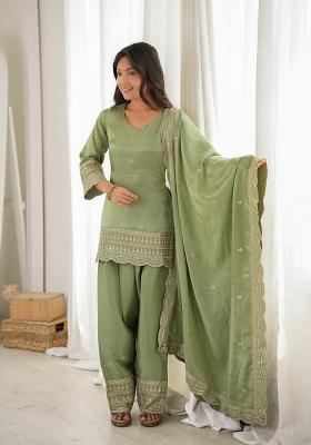 Light Green embroidered Silk Kurta Set