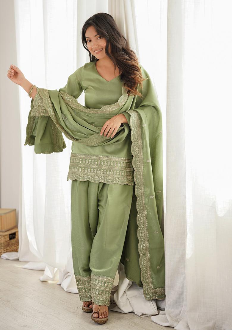 Light Green embroidered Silk Kurta Set - Indya