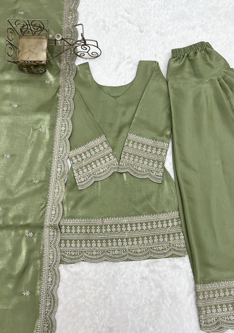 Light Green embroidered Silk Kurta Set - Indya