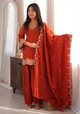 Orange embroidered Silk Kurta Set