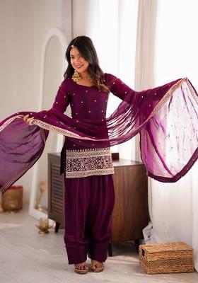 Wine embroidered Silk Kurta Set