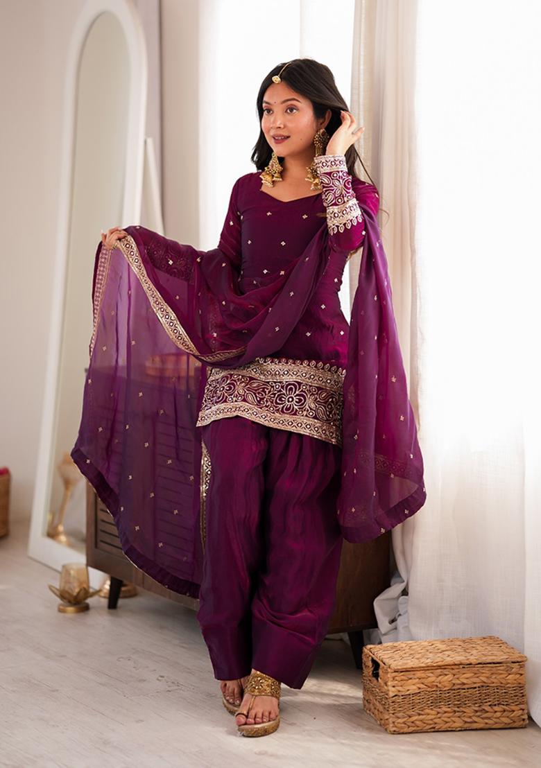 Wine embroidered Silk Kurta Set - Indya