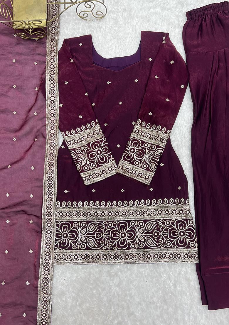 Wine embroidered Silk Kurta Set - Indya