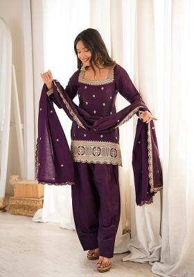 Wine embroidered Silk Kurta Set