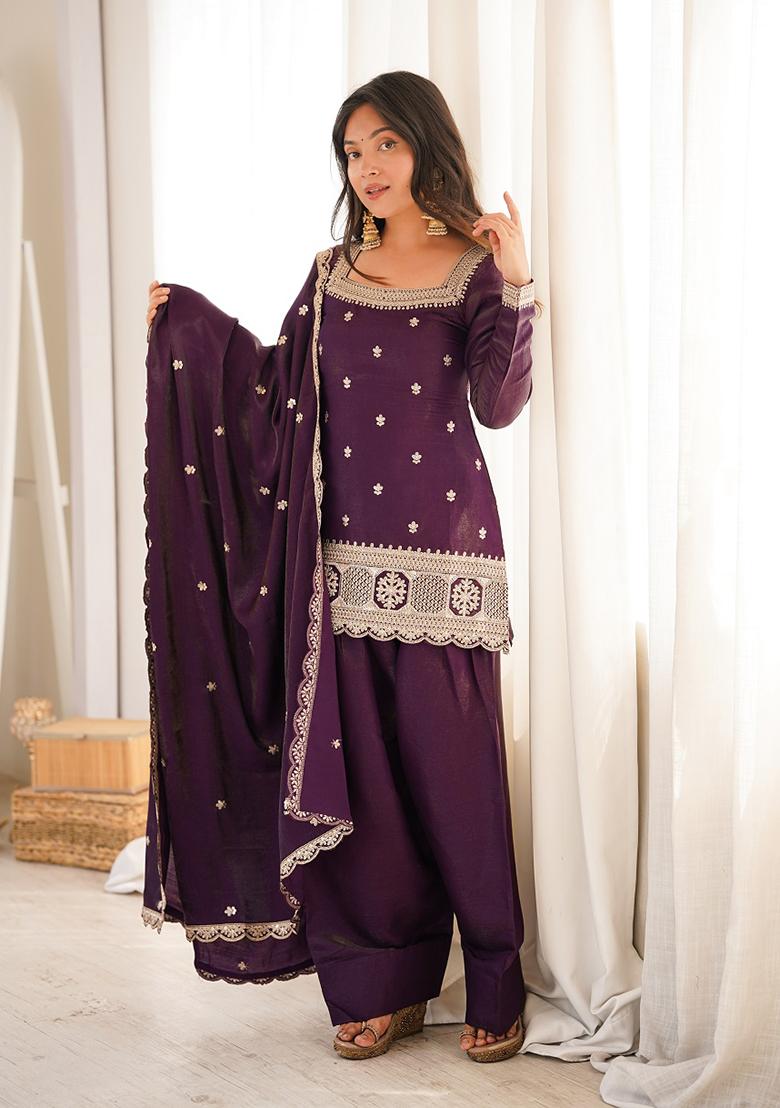 Wine embroidered Silk Kurta Set - Indya