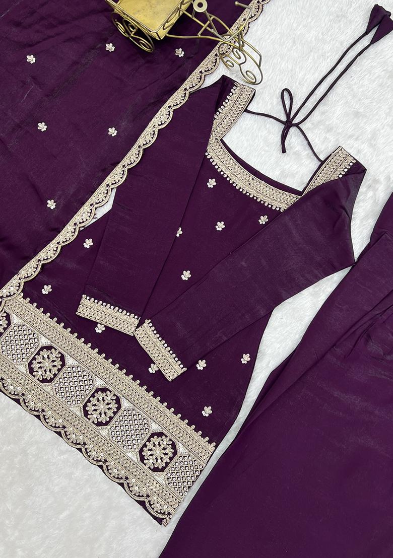 Wine embroidered Silk Kurta Set - Indya
