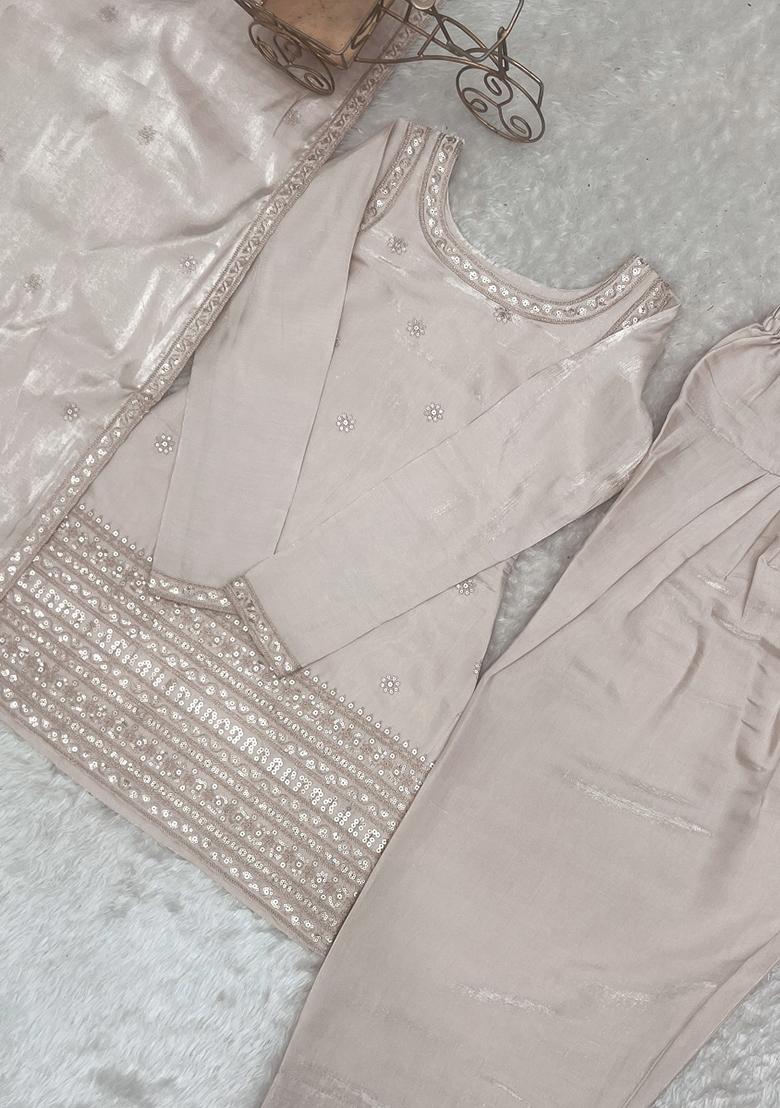 Cream embroidered Silk Kurta Set - Indya